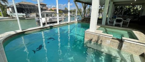 Large pool and spa in screened porch 