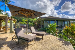 Sunset deck Ocean Suite:  Hot tub, Pavilion, Picnic table, Grill, and  OD shower