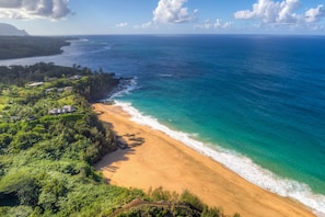 Drone shot from our property of Kauapea (Secret) Beach. Yes, It's amazing!