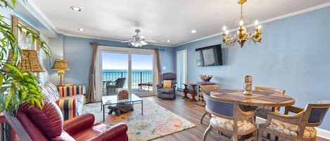 UPDATED/SPACIOUS CONDO WITH AWESOME VIEW OF THE BEACH FROM THE LIVING AREAS. 