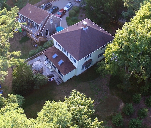 Aerial view of house (on right(, Mews(on left), large yard and drive