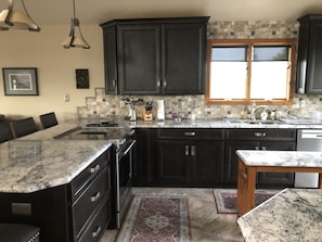 Well-equipped kitchen features downdraft stove with a gulf view