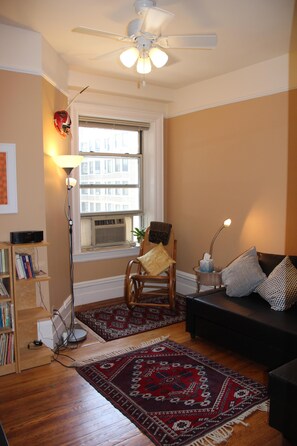 Living room has sofa bed and Thonet rocking chair, AC and ceiling fan