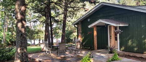 Entrance to house.  New outdoor patio overlooking the lake.  