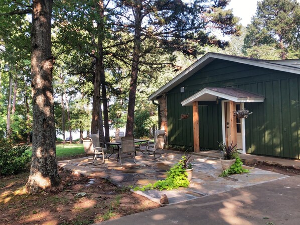 Entrance to house.  New outdoor patio overlooking the lake.  