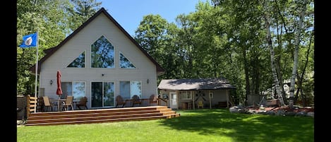 Main Cabin with new large lake-side deck and the Guest cabin just feet away.