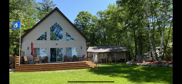 Main Cabin with new large lake-side deck and the Guest cabin just feet away.