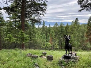 Fire pit and Beautiful peak a boo Flathead Lake views form the back porch