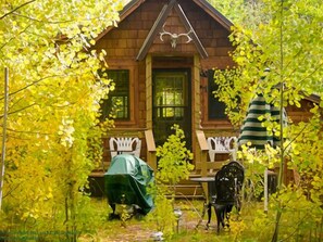 Colorful Pinewood cabin in early fall, with an Aspen glow