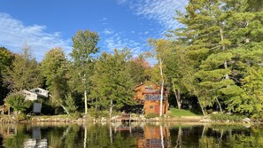 Lake view of my property and log home from my canoe.