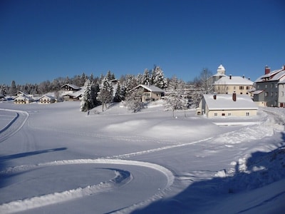 Gemütliche Gartenebene direkt am Schneefeld und der Langlaufloipe