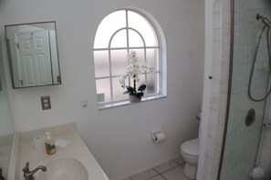 Master Bathroom with door leading to pool area.