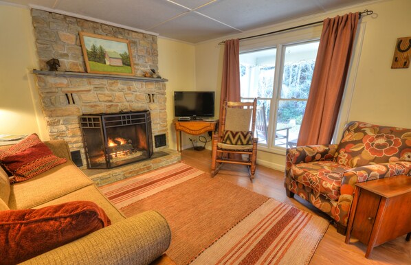 The cozy living room with fireplace, TV, DVD, and sleeper sofa. 