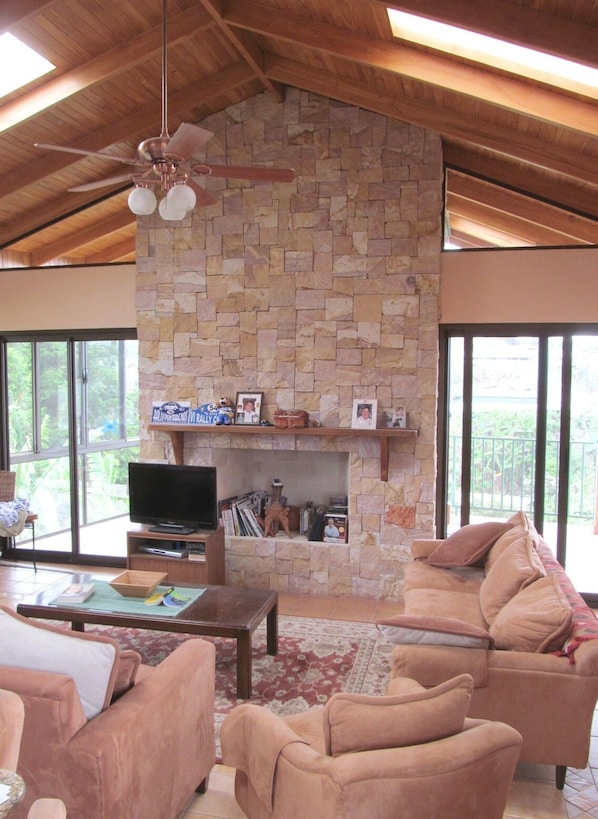 Living Rm with local pink beige brown and red limestone, fireplace is never used 