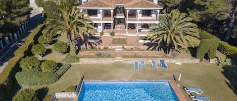 Drone view of villa and pool