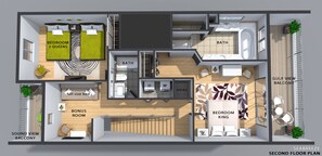 3D color floor plan, second living level in 3 story townhouse
