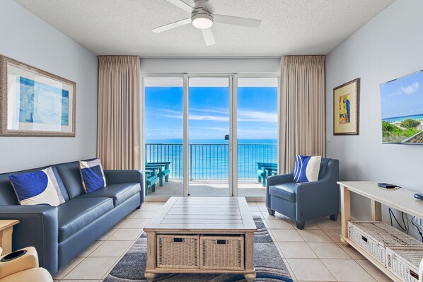 A Modernly Decorated Living Room with a Breathtaking Ocean View.