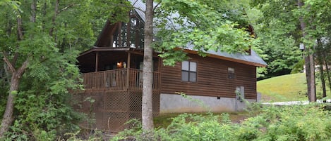 View from corner looking at cabin in springtime foliage🌿🍀🌲🌾🌷🌻