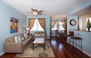 Spacious, clean open concept with brand new furniture