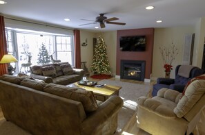 Upstairs living area decorated for Christmas. 