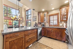 Large, bright kitchen, mountain views, open concept living.  Home away from home