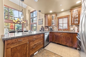 Large, bright kitchen, mountain views, open concept living.  Home away from home