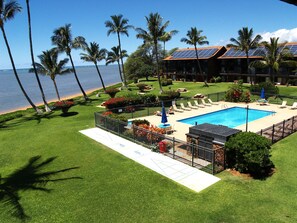 Westward view from your lanai of the pool and resort grounds