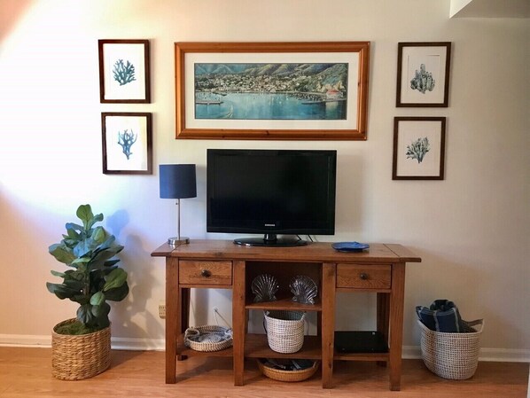 Cozy living room with coastal decor.