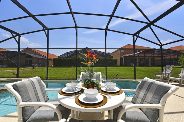 Private pool area with child safety fence