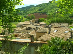 Le village de Rouvenac. La maison que nous louons se trouve juste au milieu de la photo, entre les cheminées.