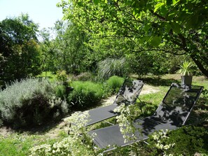 le solarium près de la piscine privée (jardin des hôtes)