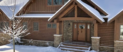 Front of lodge in the winter.