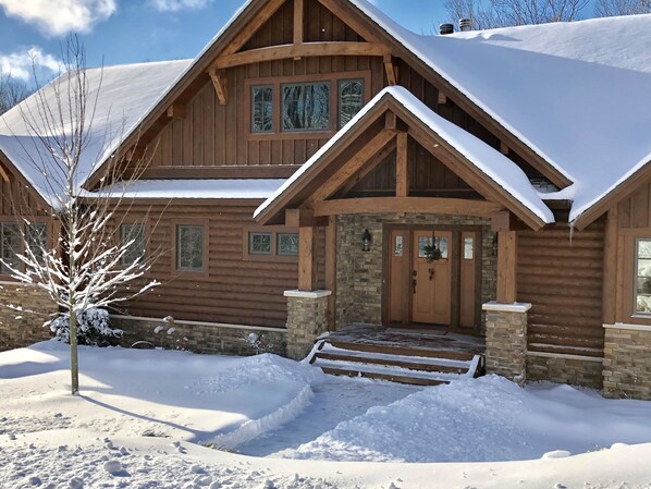Front of lodge in the winter.  