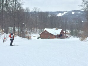 View as we ski towards lodge.