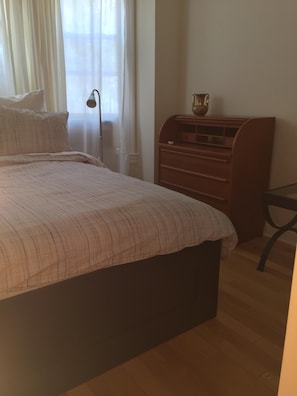 bedroom with Scandinavian Teak roll top dresser / desk