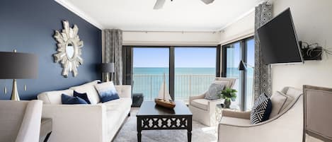 Spectacular ocean views!  Living room with pullout sleeper and smart TV.