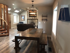 Dining room with picnic-style benches seats 8