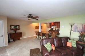 LR and dining area. Drop leaf table for 6 against wall for indoor dining.