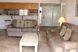 Kitchen looks over the living room