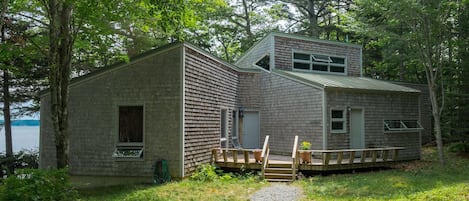 Entrance to the house, Union River bay behind, looking east.