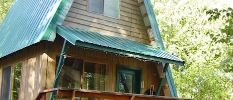 A 12x16 cabin 2 story with large deck.