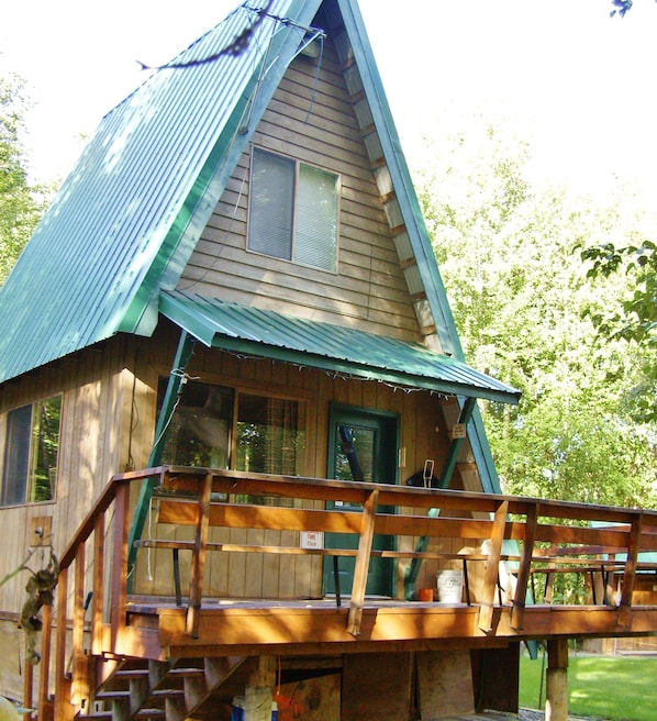 A 12x16 cabin 2 story with large deck.