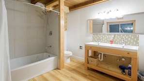 Newly updated bathroom that incorporate natural Douglas Fir for rustic feel