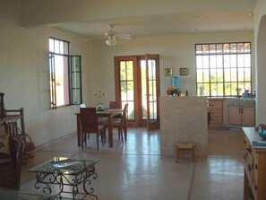 The dining and kitchen area
