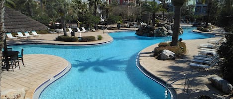 The 30,000 sqft resort style pool features a zero-entry kids area and waterfall!