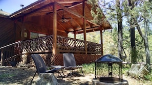 Front View of Cabin in The Woods - Fire Pit and sitting Area