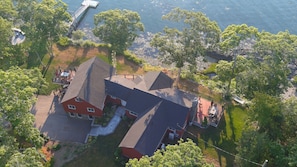 southside on right, MBR foreground, northside on left, dock & firepit far left