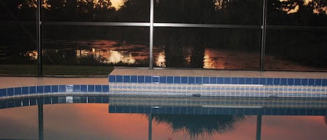 Sunset over the swimming pool & lake