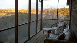 The screened porch seems to float above the trees