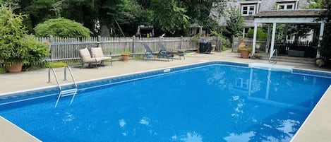 Large salt water pool + hot tub + grill + gazebo w seating area, small fridge